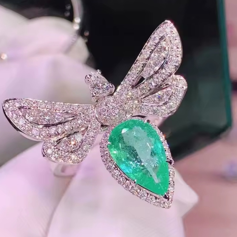 Elegant Silver and Green Gemstone Butterfly Ring size 9